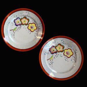 Vintage Kutani Japan Lusterware Plates 7.25” Floral Bird Orange Rim Set of 2